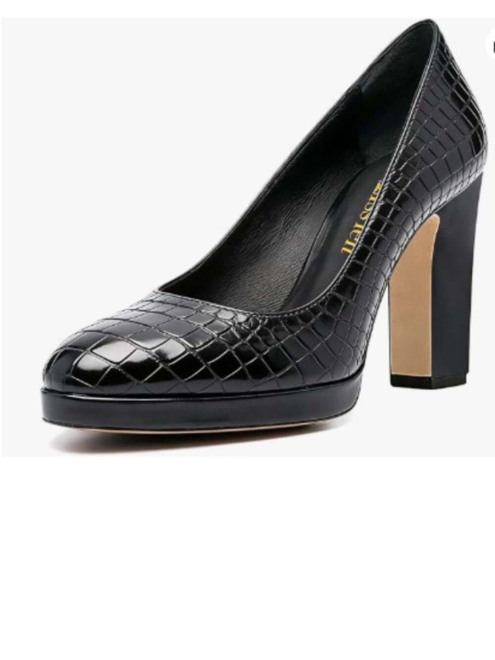 miss left Black Crocodile Almond Toe Platform Chunky High Heels Slip on Pumps